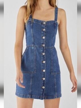 Y2K Denim Pinafore Mini Dress, Sleeveless Button Up With belt & pockets  Sz 4